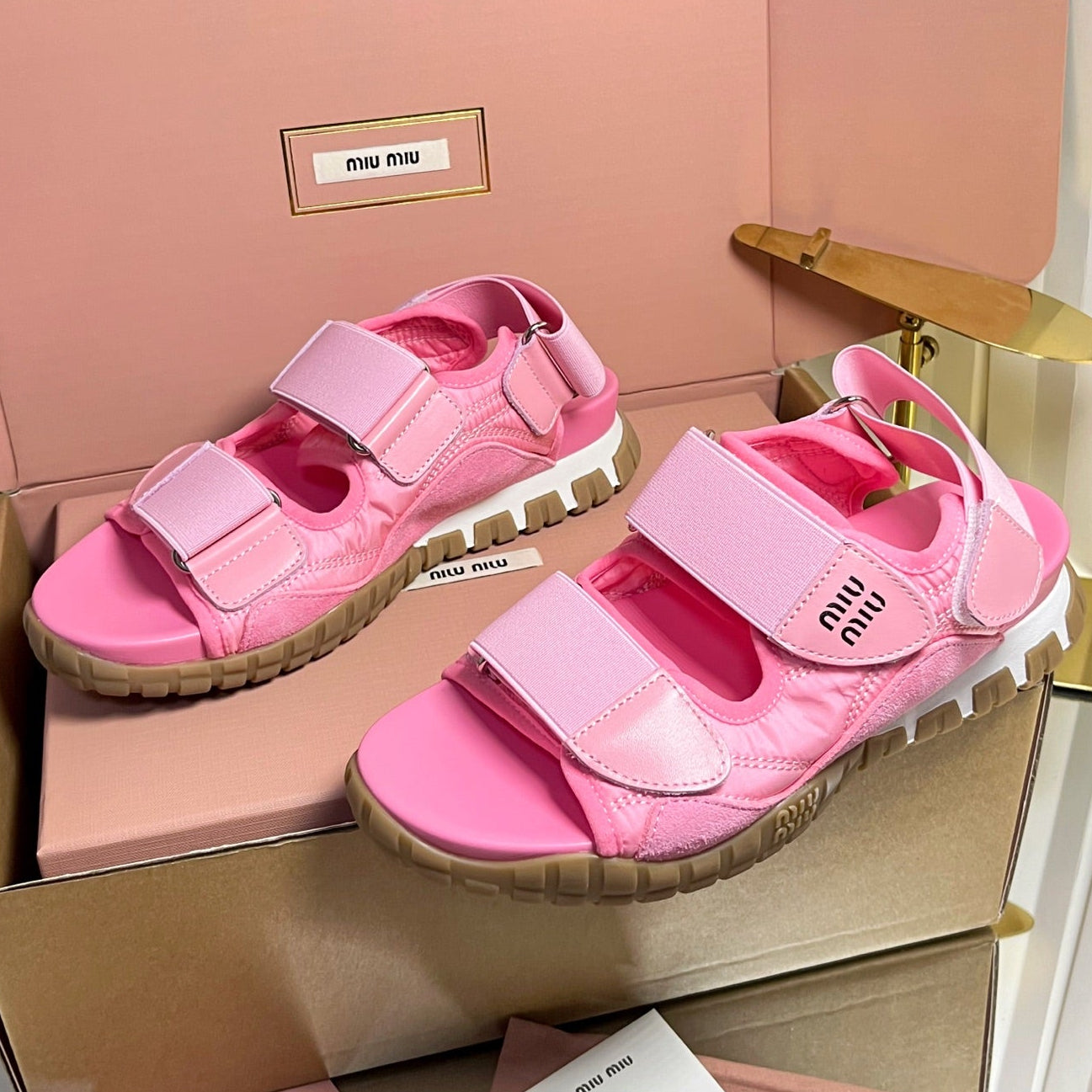 Miumiu 2026 Velcro Sports Sandals Pink Leather 922974