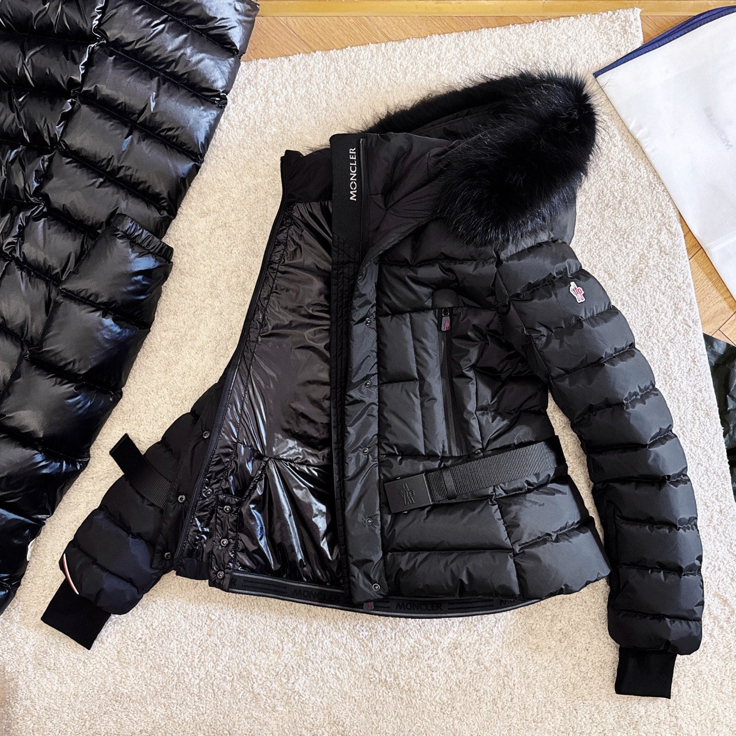 Moncler 2025  Grenoble 'Beverley' Hooded Shearling-trimmed Ski Black Down Jacket