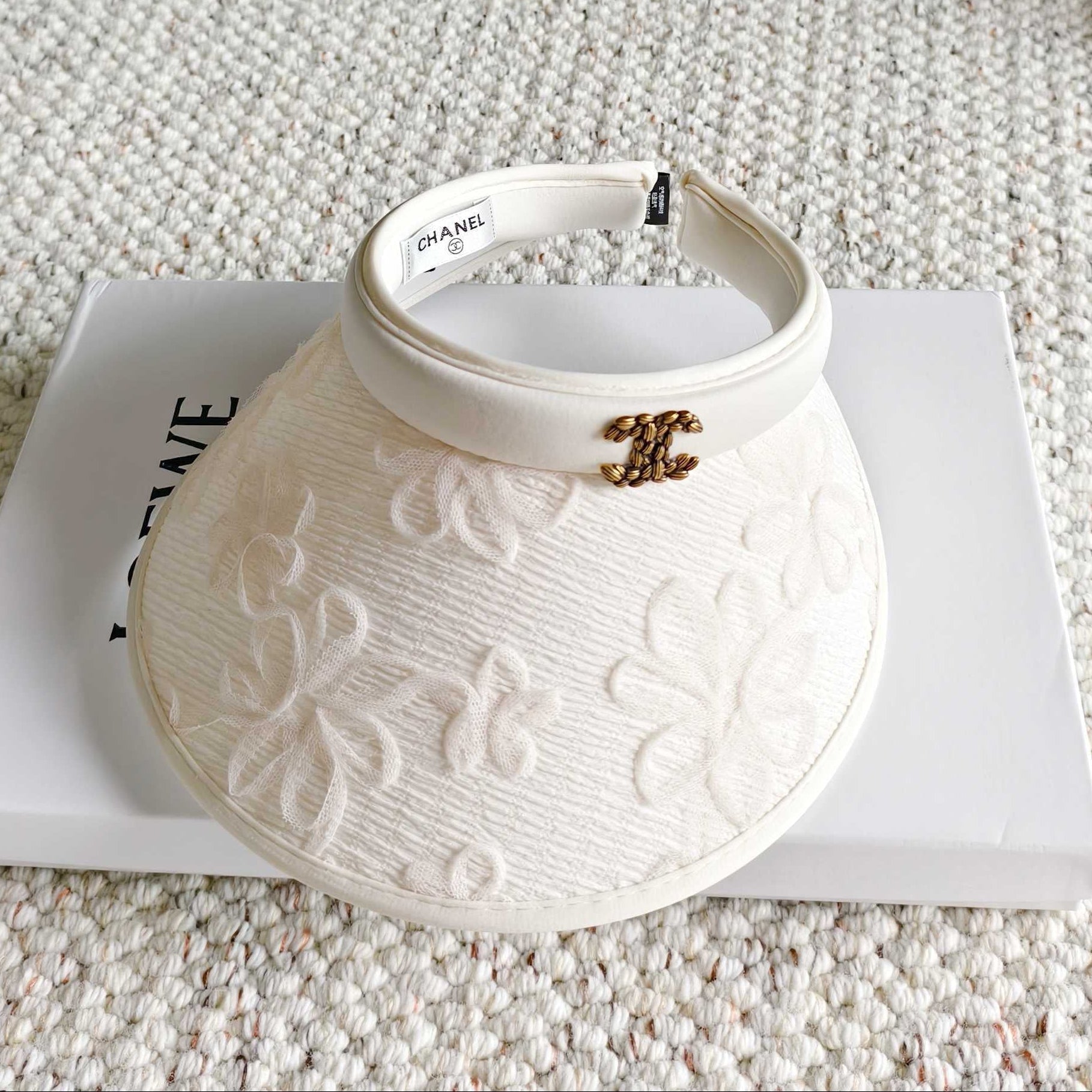 Chanel Embroidered Floral Pattern White Visor 250056