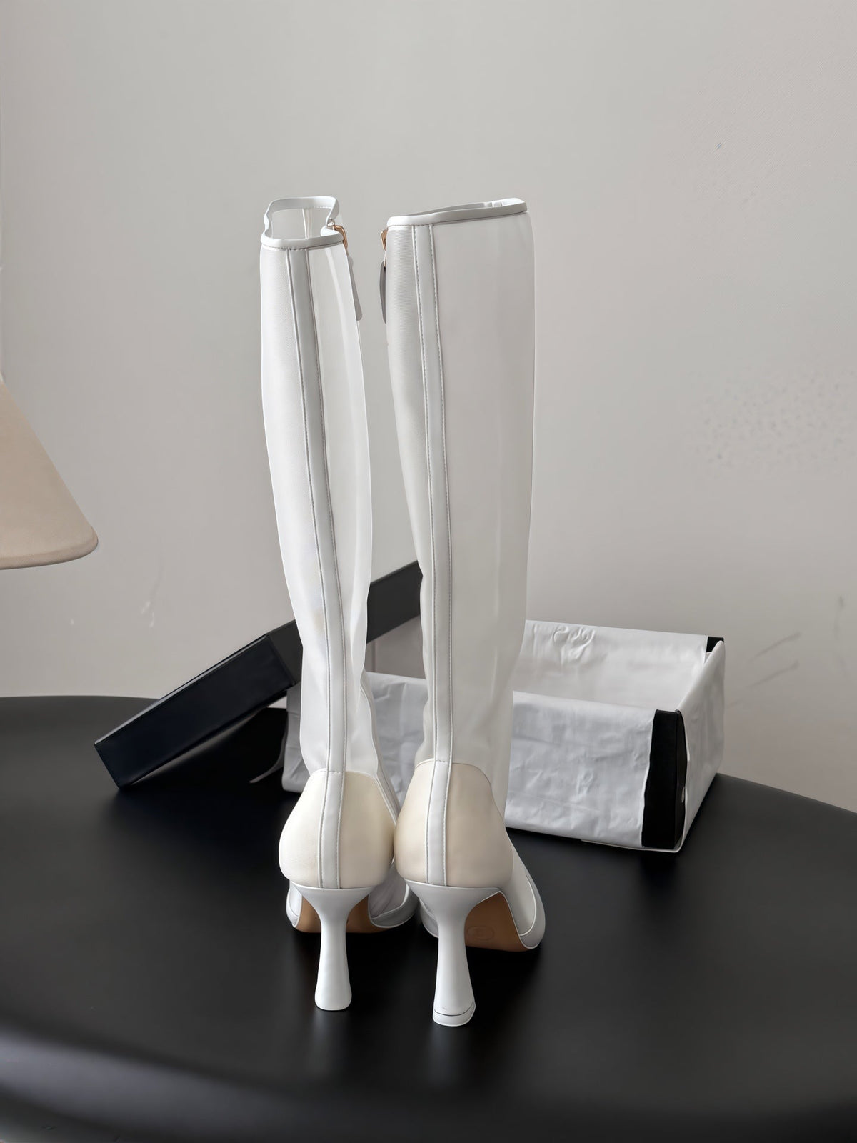 Chanel 2026 Pointed Toe Knee-High Boots 80mm Mesh Suede Leather 127974