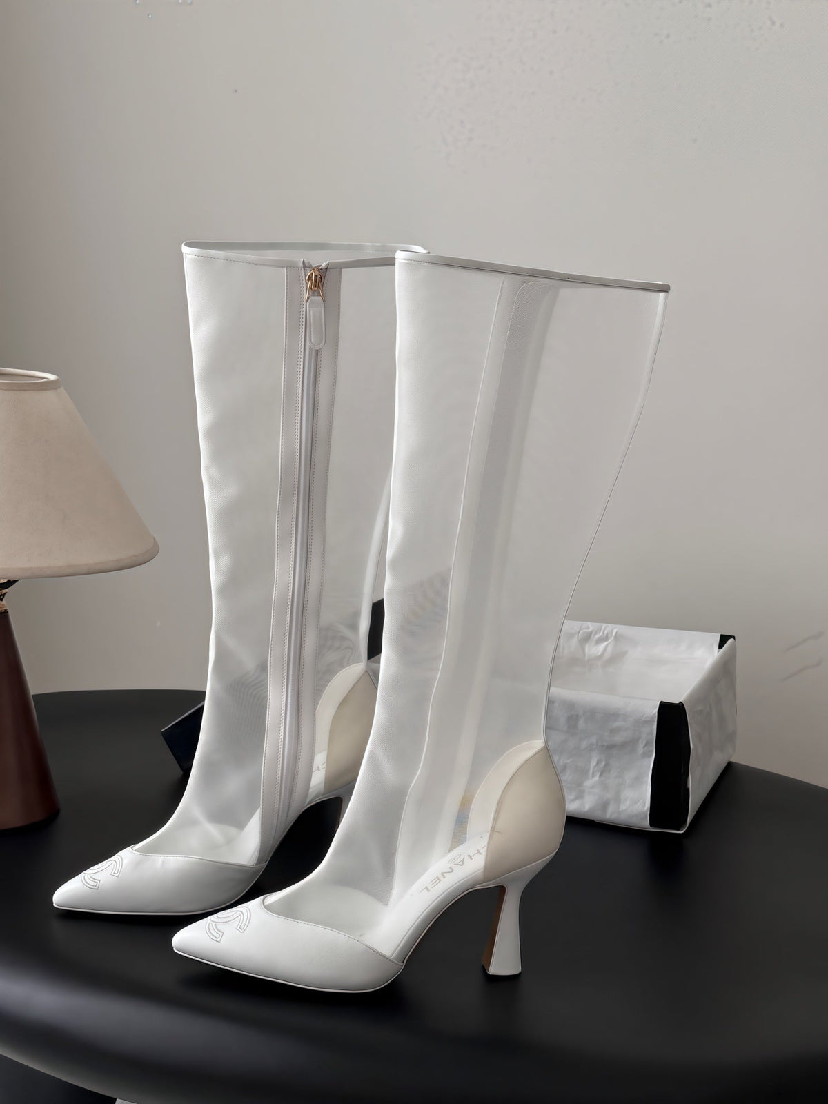 Chanel 2026 Pointed Toe Knee-High Boots 80mm Mesh Suede Leather 127974