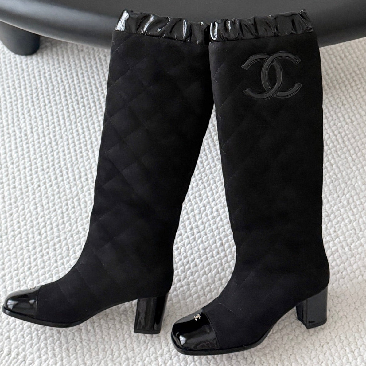 Chanel 2026 Quilted Knee-High Boots 60mm Black Suede 127992