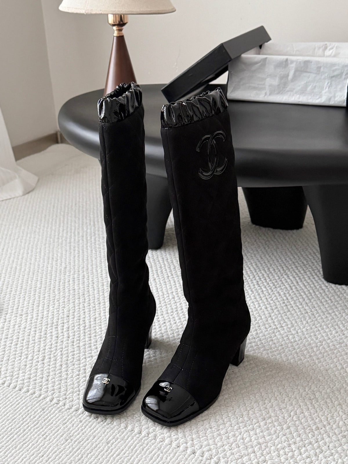 Chanel 2026 Quilted Knee-High Boots 60mm Black Suede 127992