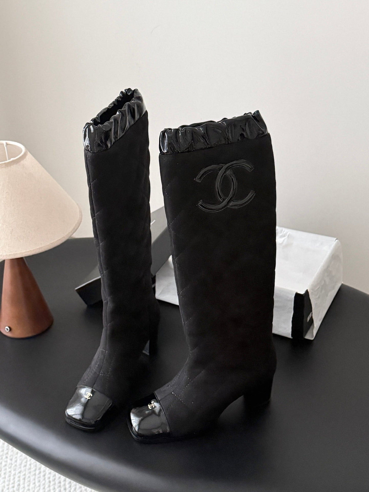 Chanel 2026 Quilted Knee-High Boots 60mm Black Suede 127992