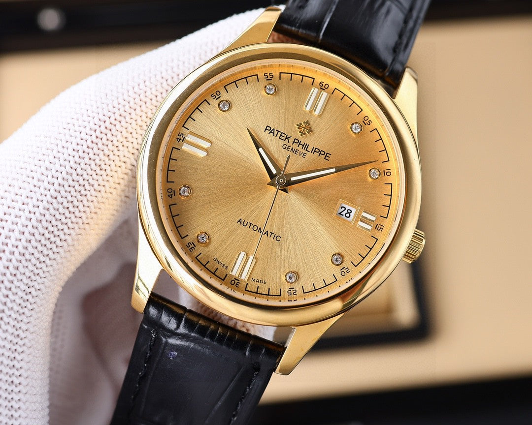Patek Philippe Calatrava 40mm Gold Case Gold Dial Black Leather Strap