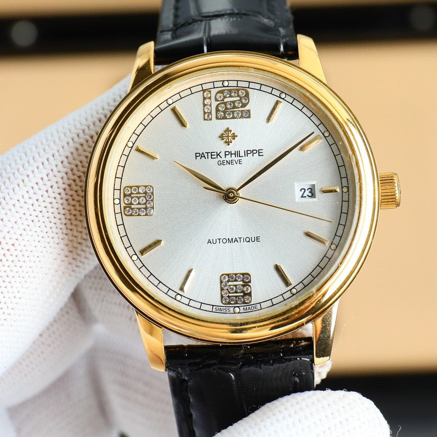 Patek Philippe Calatrava 40mm Gemstone-set Hour Marker Gold Case Black Leather Strap