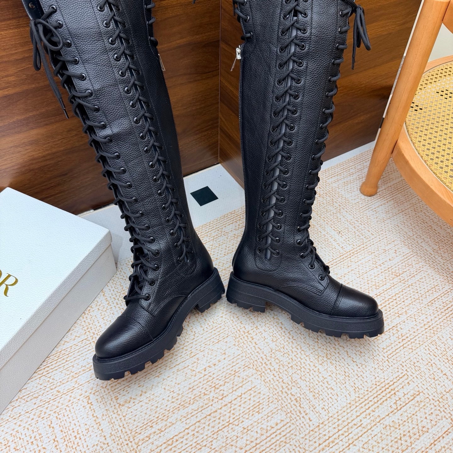 Dior 2026 Diorebel Knee-High Combat Boots Black Cowhide 973977