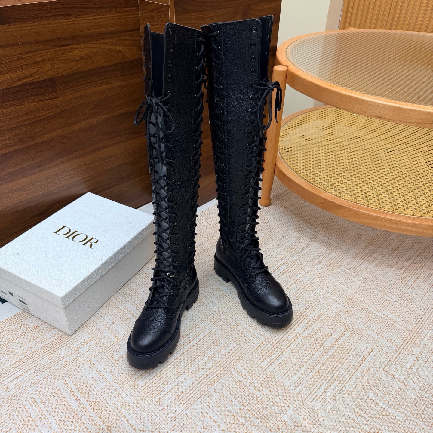 Dior 2026 Diorebel Knee-High Combat Boots Black Cowhide 973977