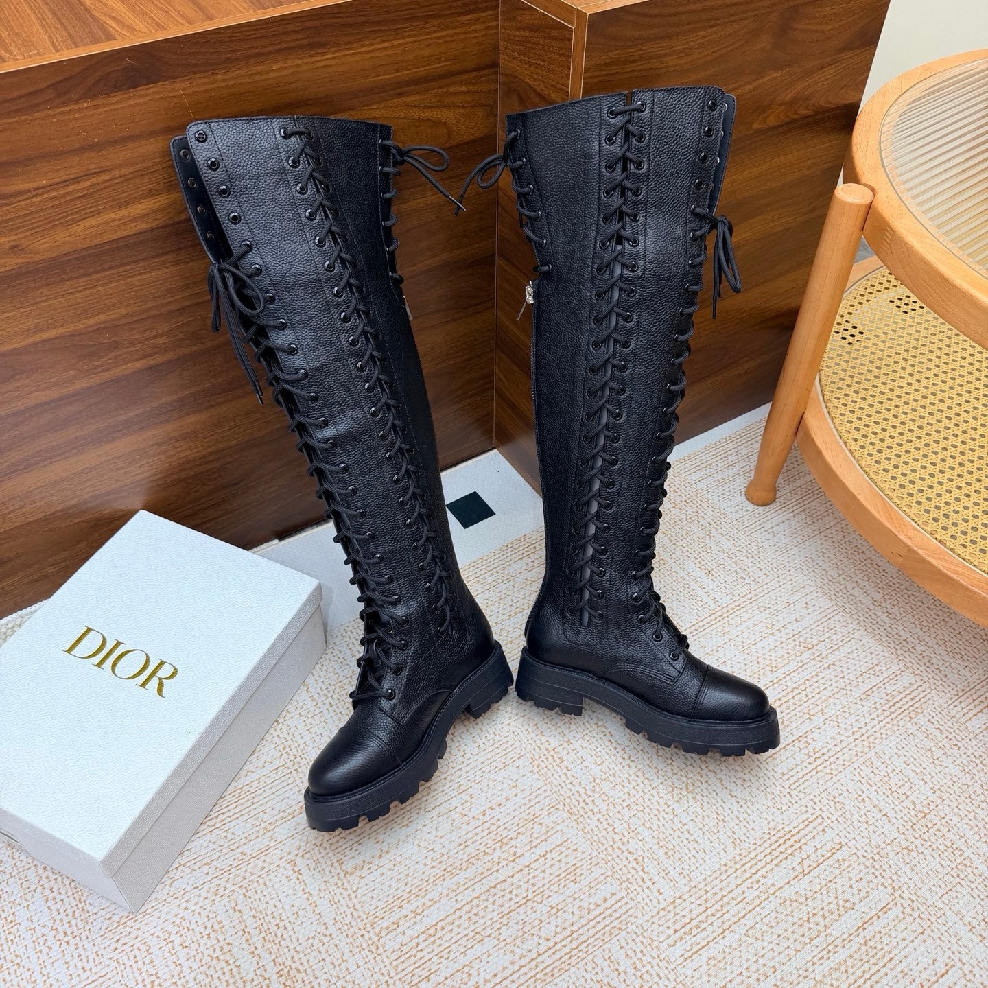 Dior 2026 Diorebel Knee-High Combat Boots Black Cowhide 973977