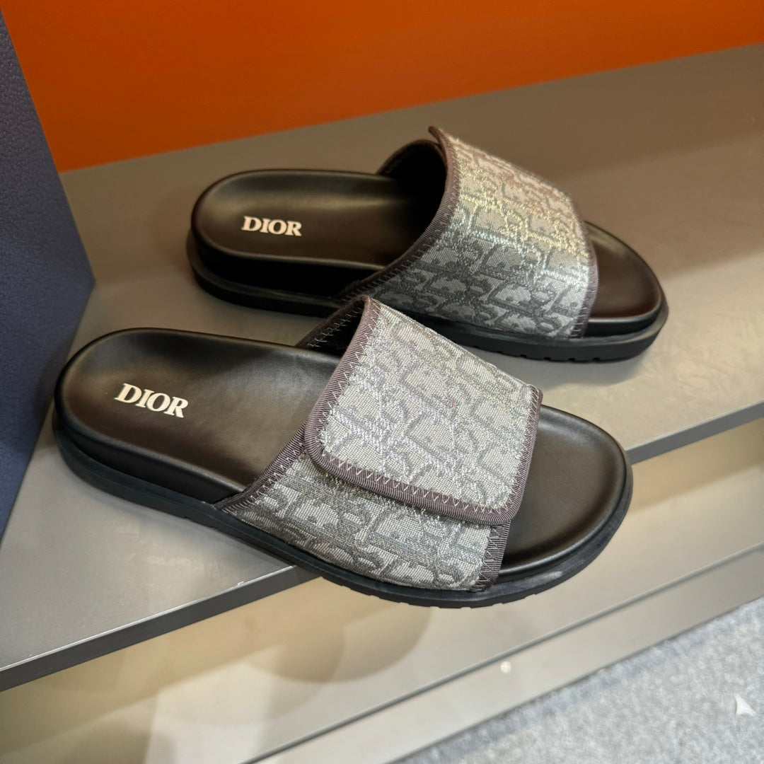 CD VELCRO STRAP SLIPPER GREY BLUE JACQUARD