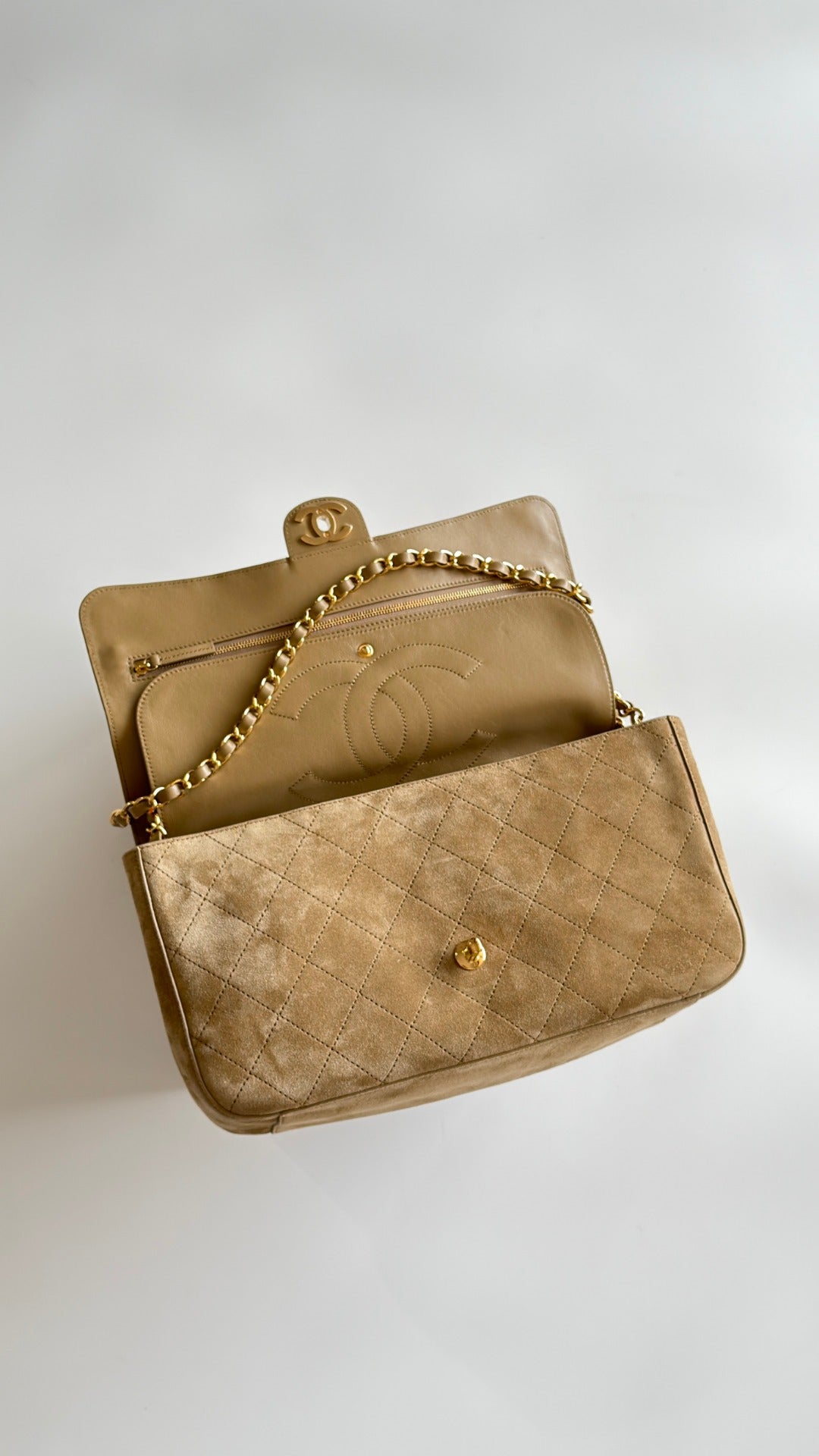 Chanel 2026 Maxi Flap Bag 32cm Beige Suede Calfskin