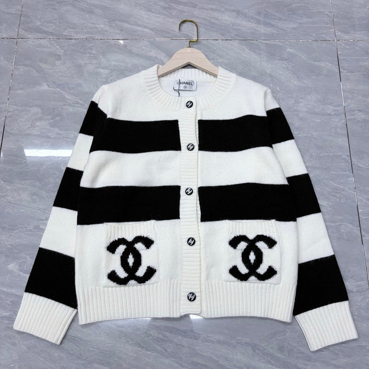 Chanel 2026 Pocket Logo Crew Neck Cardigan Black White Wool 244685