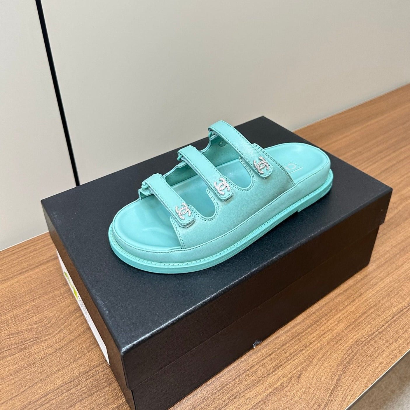 dad sandals sky blue triple strap lambskin mules