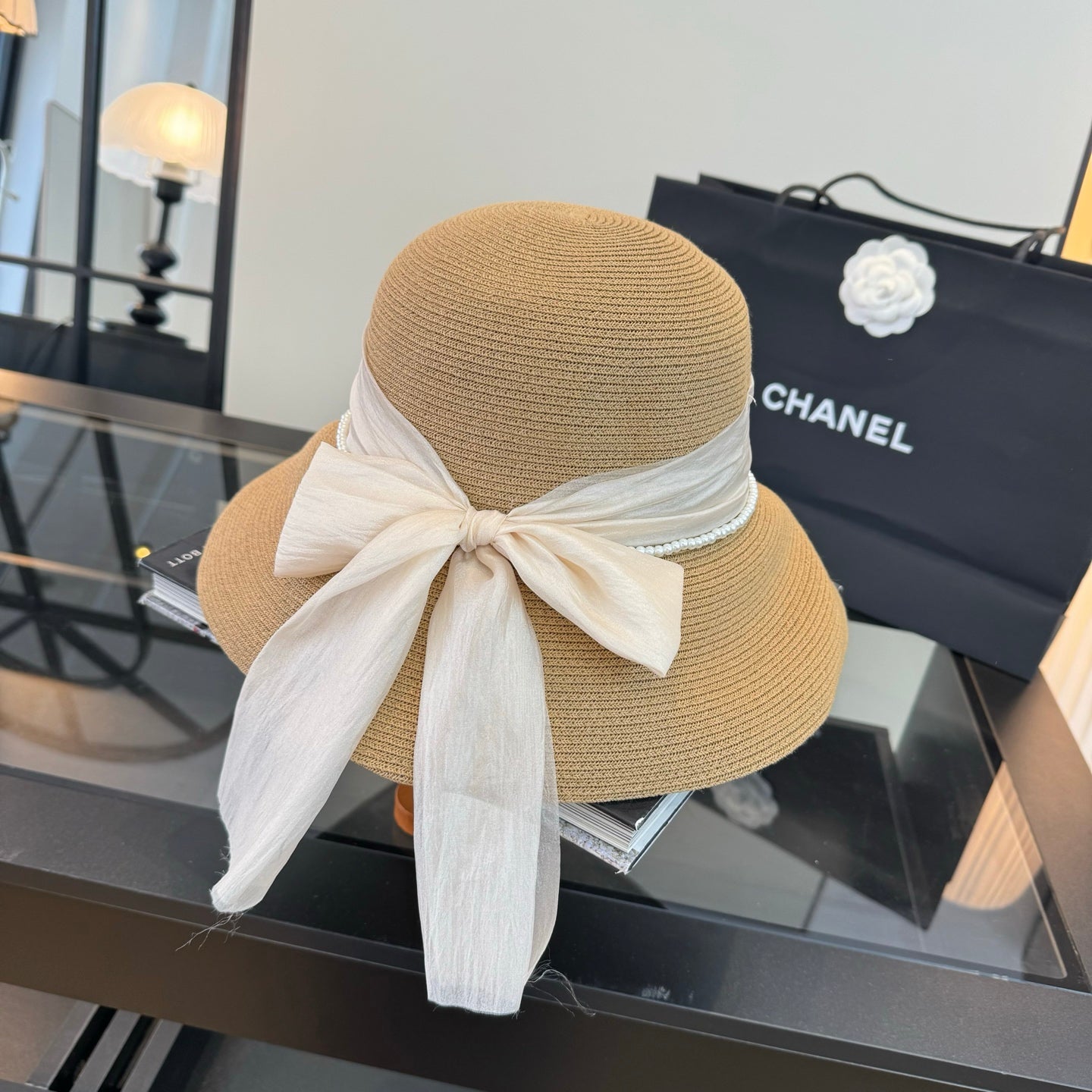 Chanel Bow Pearl Straw Hat 400895