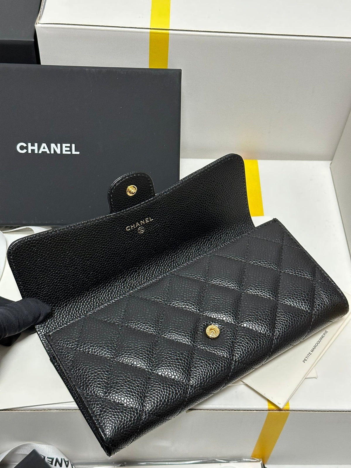 CC Classic Long Flap Wallet Black Quilted Caviar Gold Buckle 243676