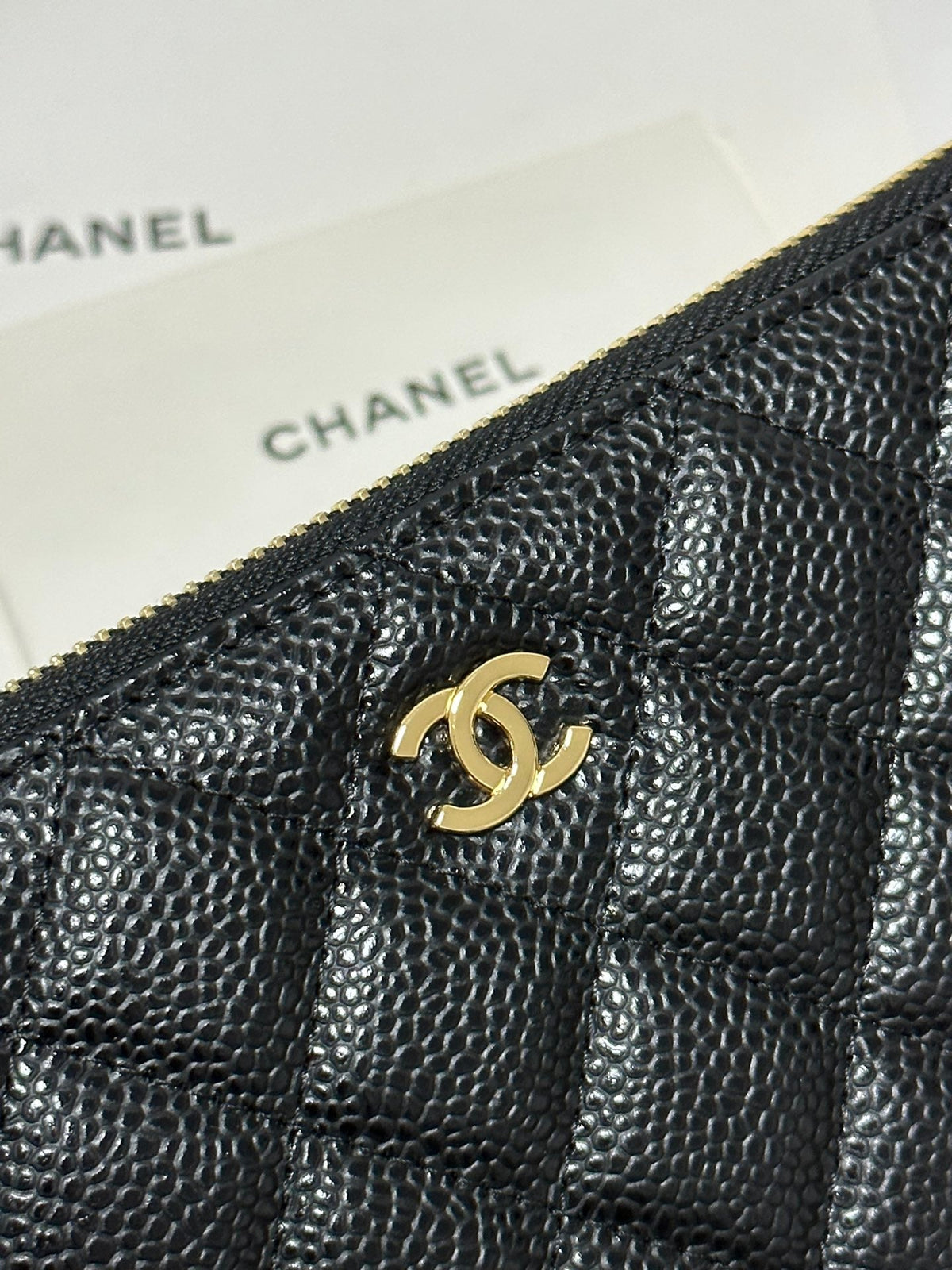 CC Long Zipped Wallet Black Quilted Caviar Gold Buckle 243681