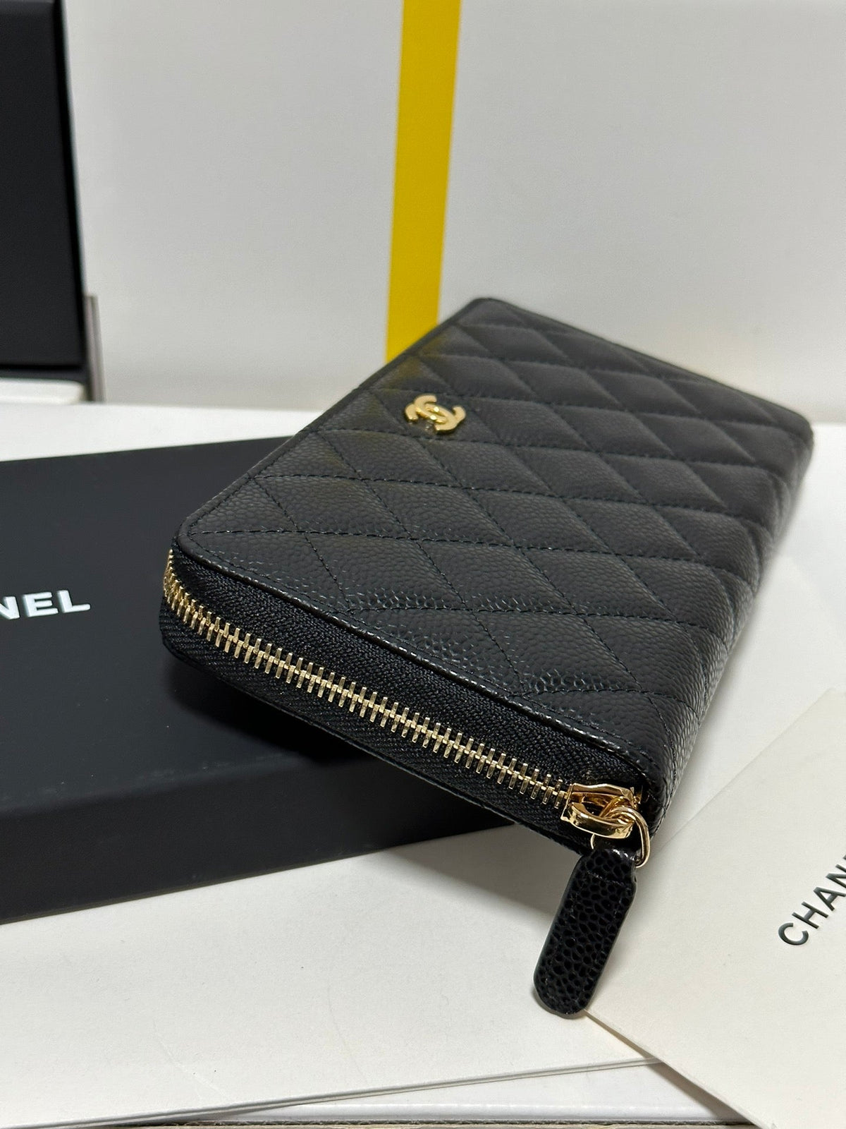 CC Long Zipped Wallet Black Quilted Caviar Gold Buckle 243681