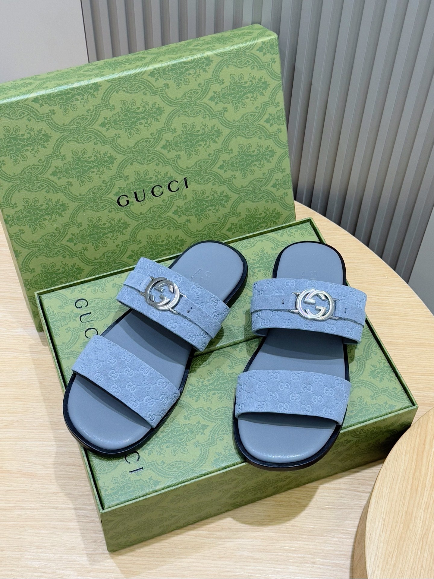 GG Men's Interlocking G Sandals Sky Blue Suede 599983
