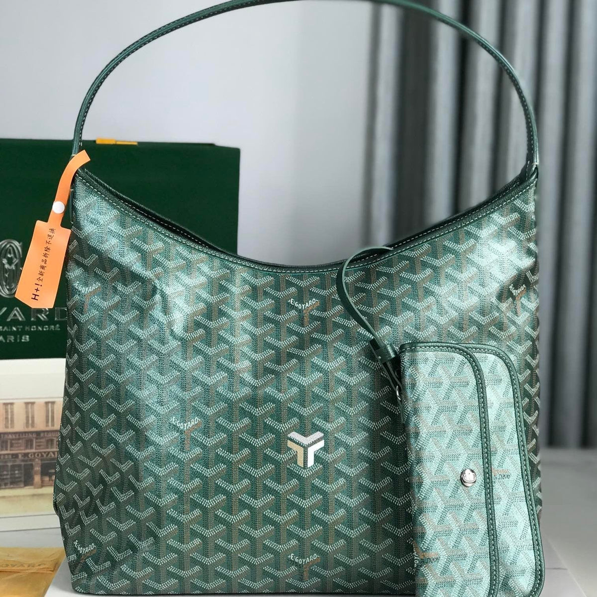 Bohème Hobo Bag 42cm Green Canvas Chevroches Calfskin