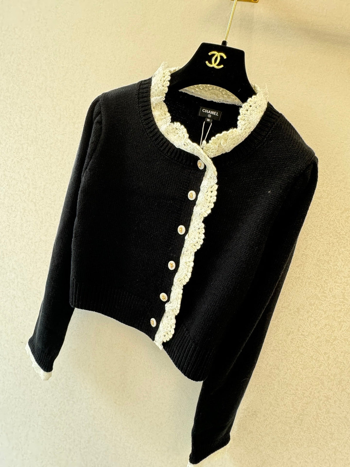 Chanel 2026 Lace-trimmed Cardigan Black Mix White Wool 424721