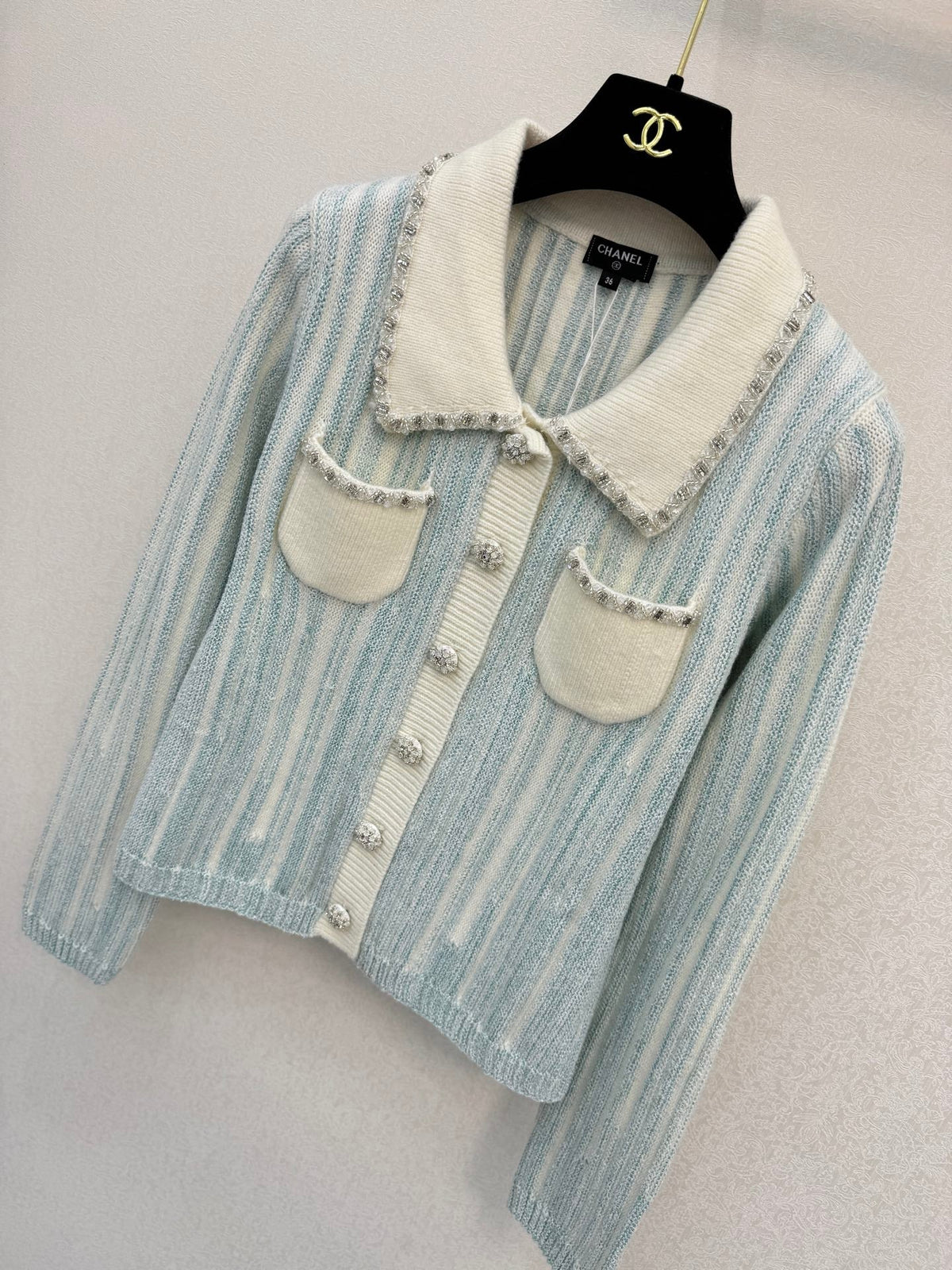 Chanel 2026 Striped Cardigan Blue White Wool 424700