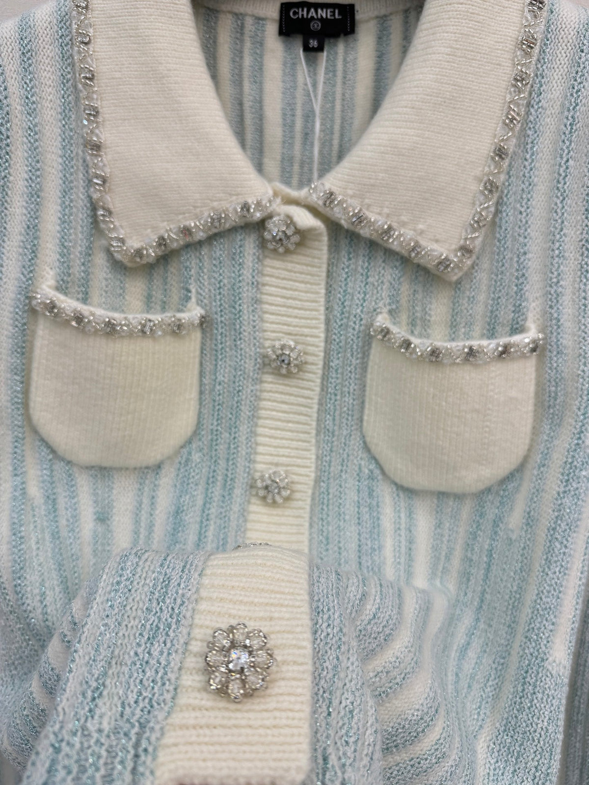 Chanel 2026 Striped Cardigan Blue White Wool 424700