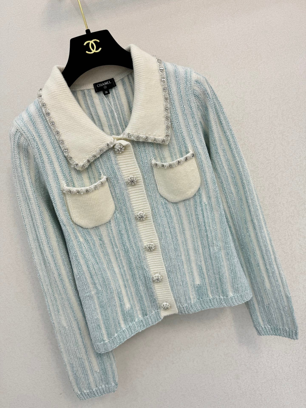 Chanel 2026 Striped Cardigan Blue White Wool 424700