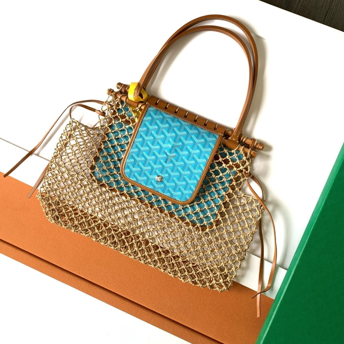 ALIGRE BAG 40 IN BABY BLUE WOVEN RAFFIA AND CALFSKIN