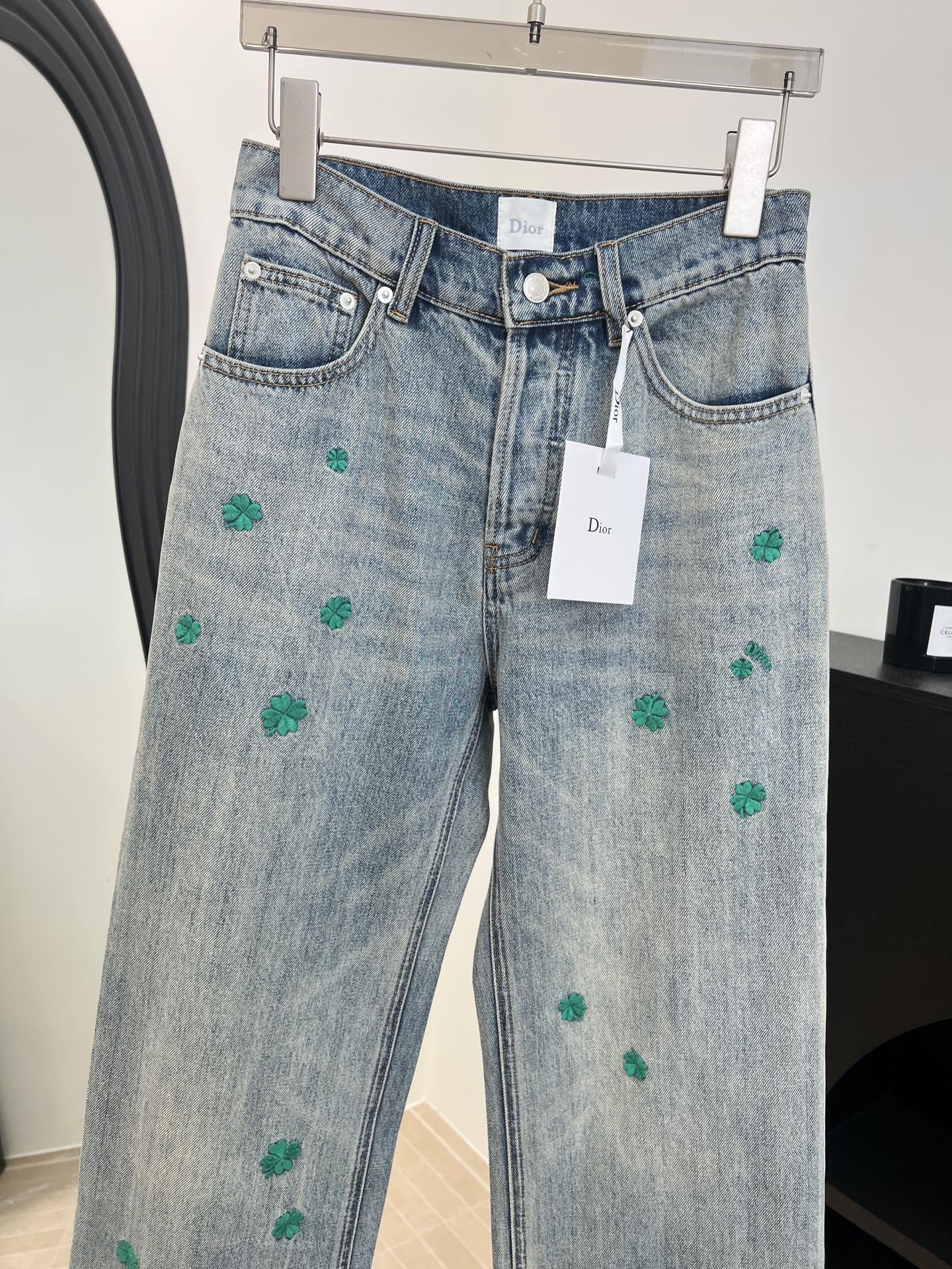 Dior 2026 Clover Embroidered Denim Jeans Blue Cotton 138330