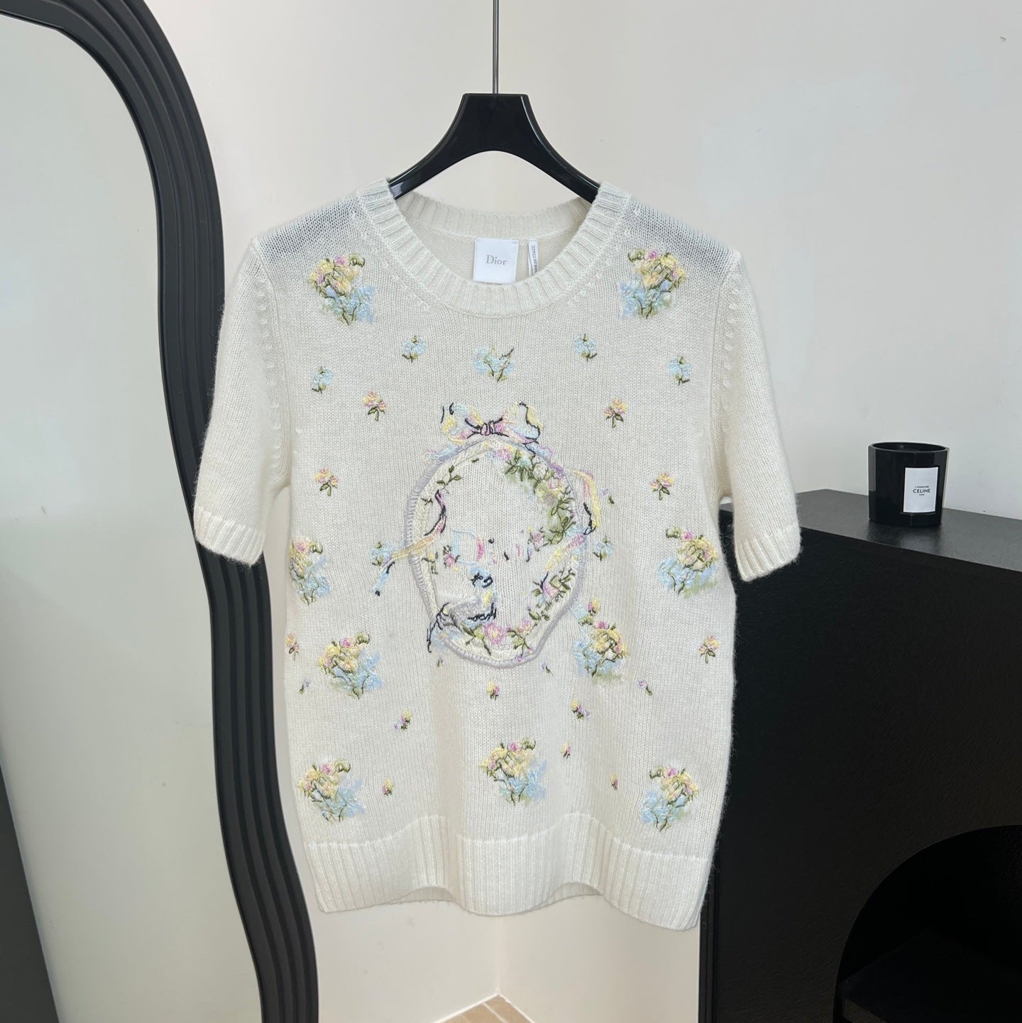 Dior 2026 Floral Embroidered Knit Short-sleeved Top Off-white Wool 138360