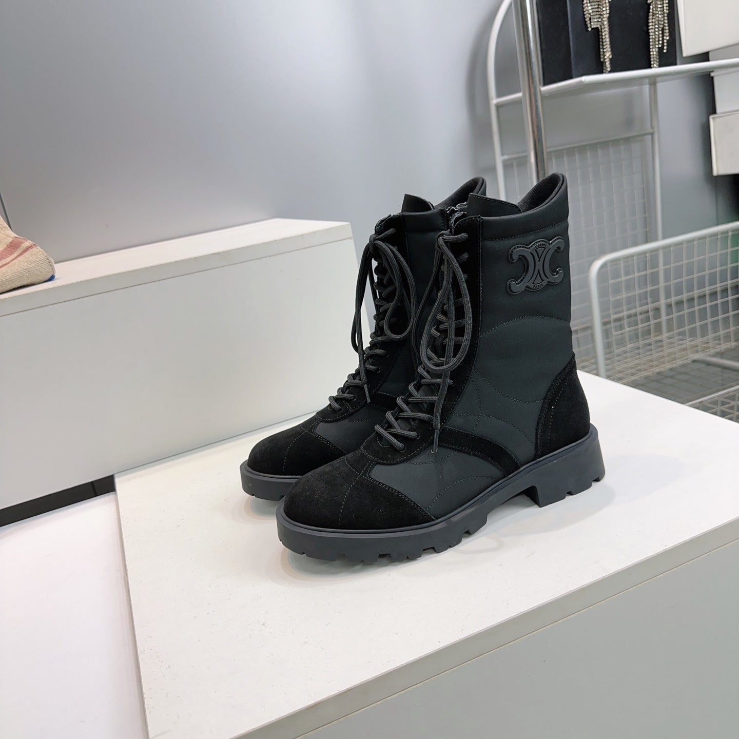 Celine 2026 Margaret Lace-Up Boots Black Suede 107299