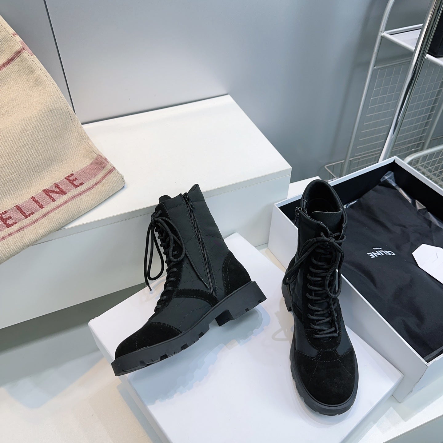 Celine 2026 Margaret Lace-Up Boots Black Suede 107299
