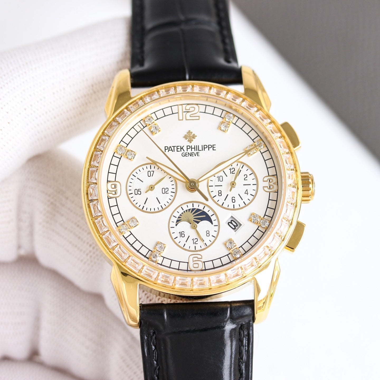 Patek Philippe Annual Calendar 42mm Diamond Benzel Gold Case Black Strap