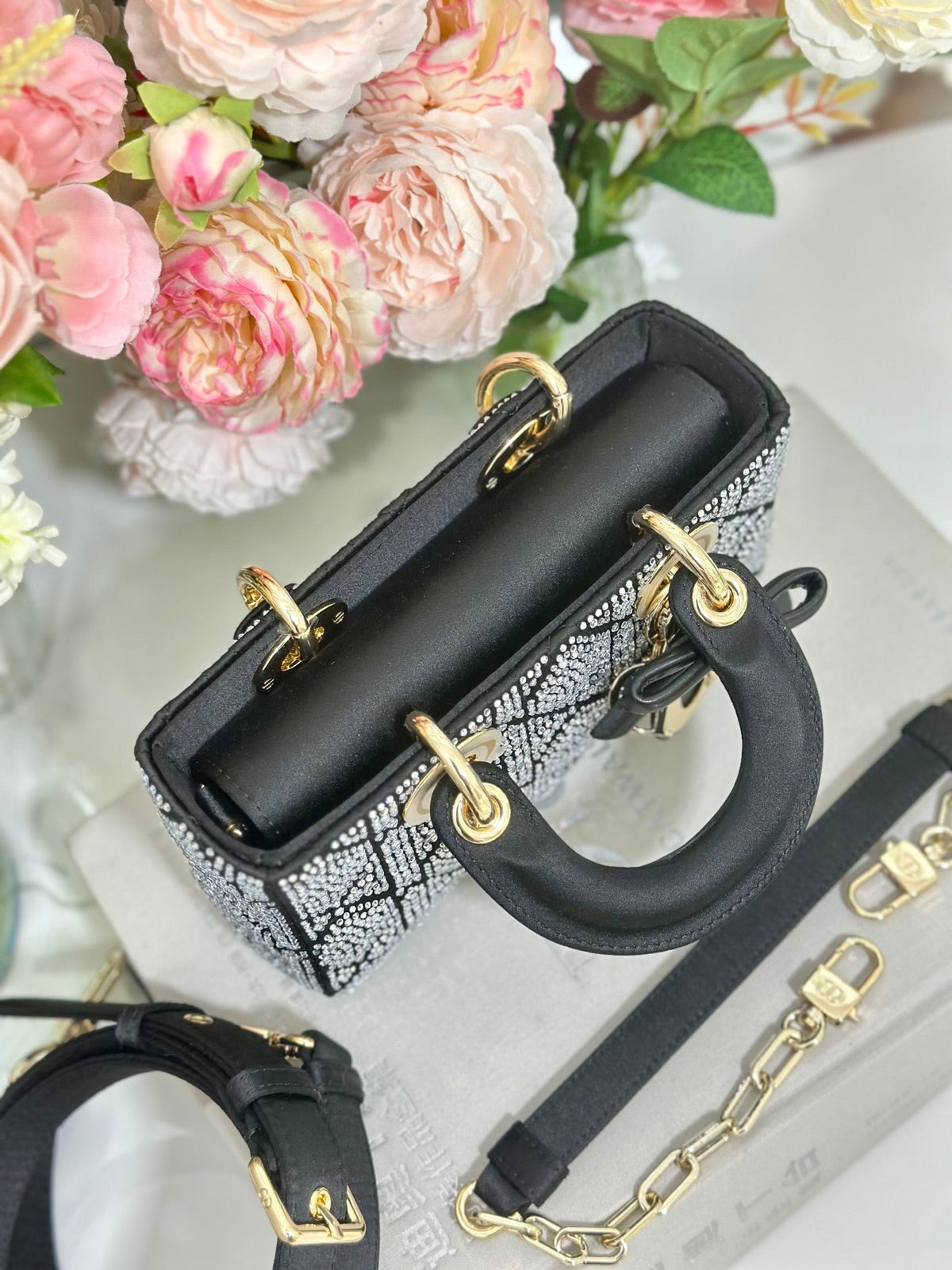 Dior 2026 Mini Lady Dior Bag Black Cannage Satin and Strass 405668