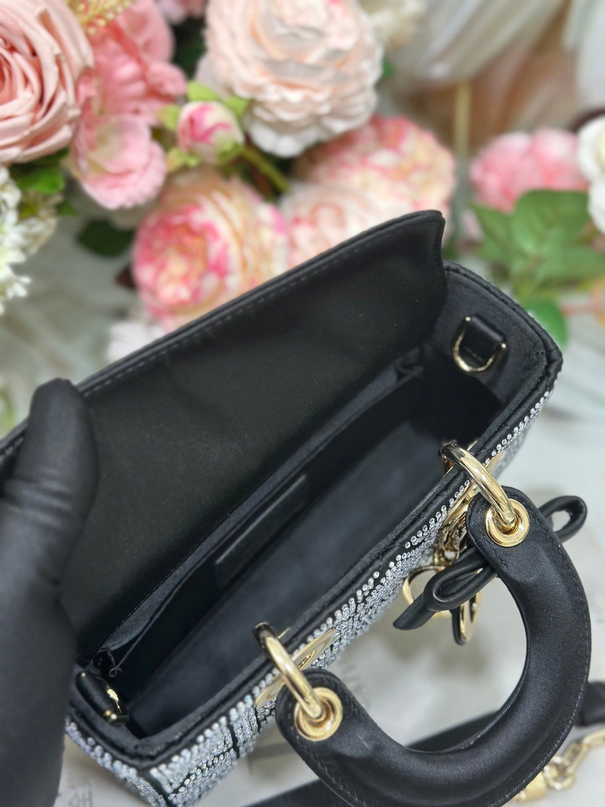 Dior 2026 Mini Lady Dior Bag Black Cannage Satin and Strass 405668