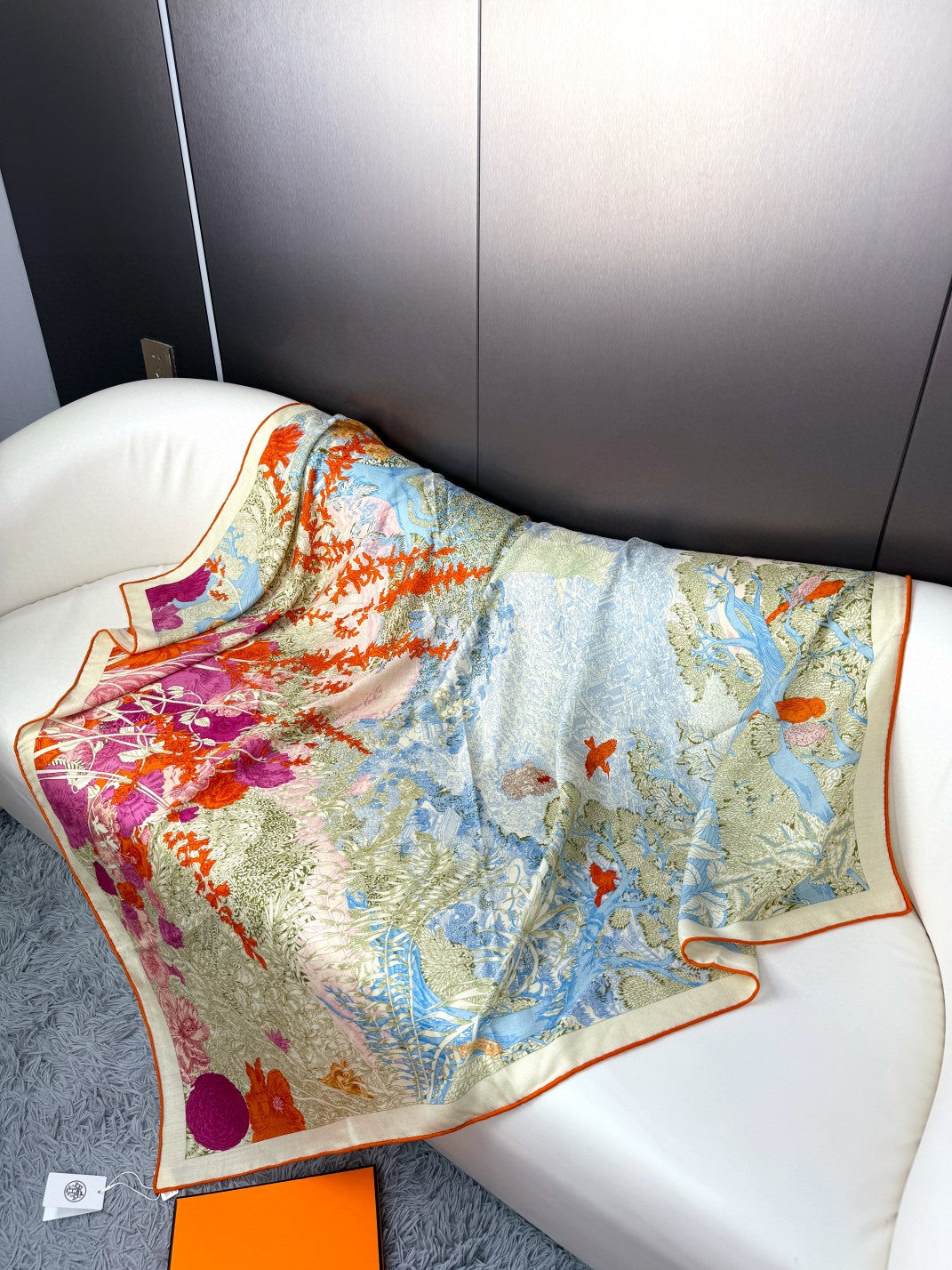 Retour A La Nature Shawl 135CM In Light Blue Colorful Cashmere And Silk