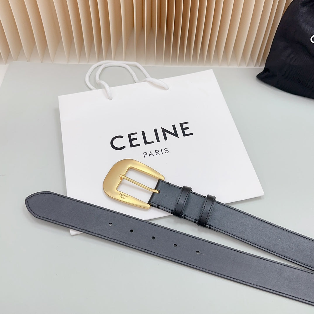 LARGE WESTERN 35 MM BELT BLACK CALFSKIN GOLD HARDWARE