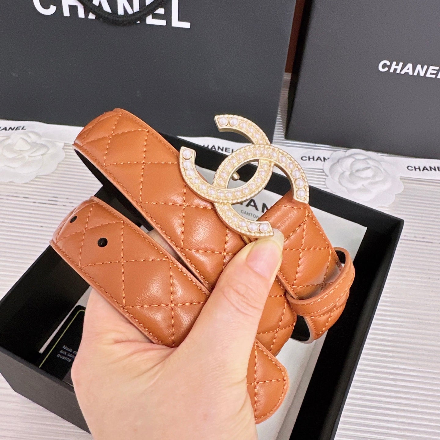 Chanel 2026 Quilted Pearl CC Belt 30mm Lambskin