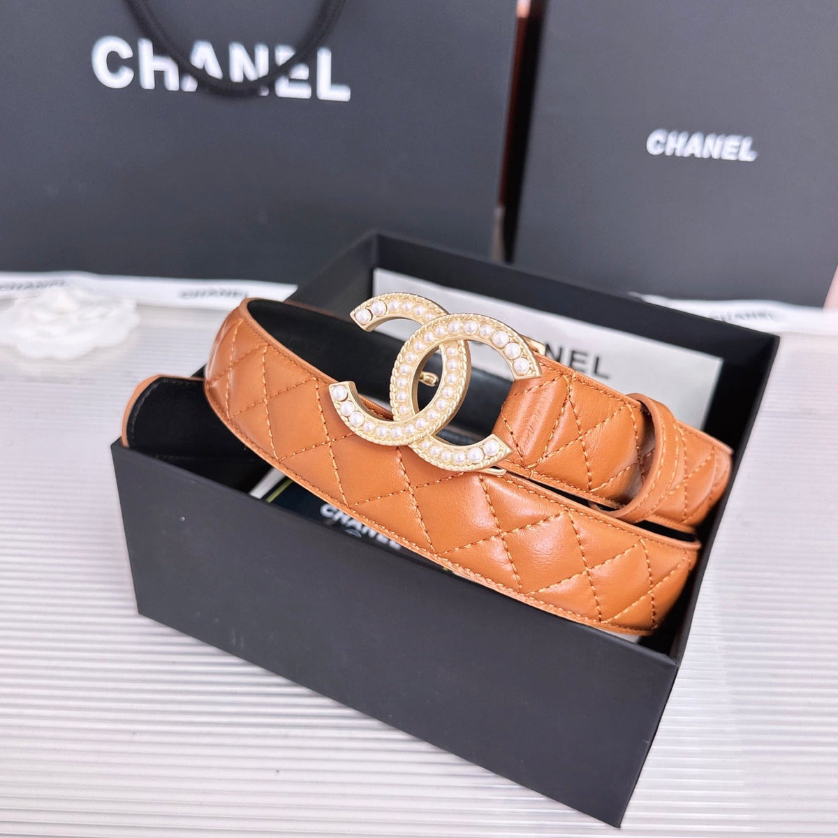 Chanel 2026 Quilted Pearl CC Belt 30mm Lambskin