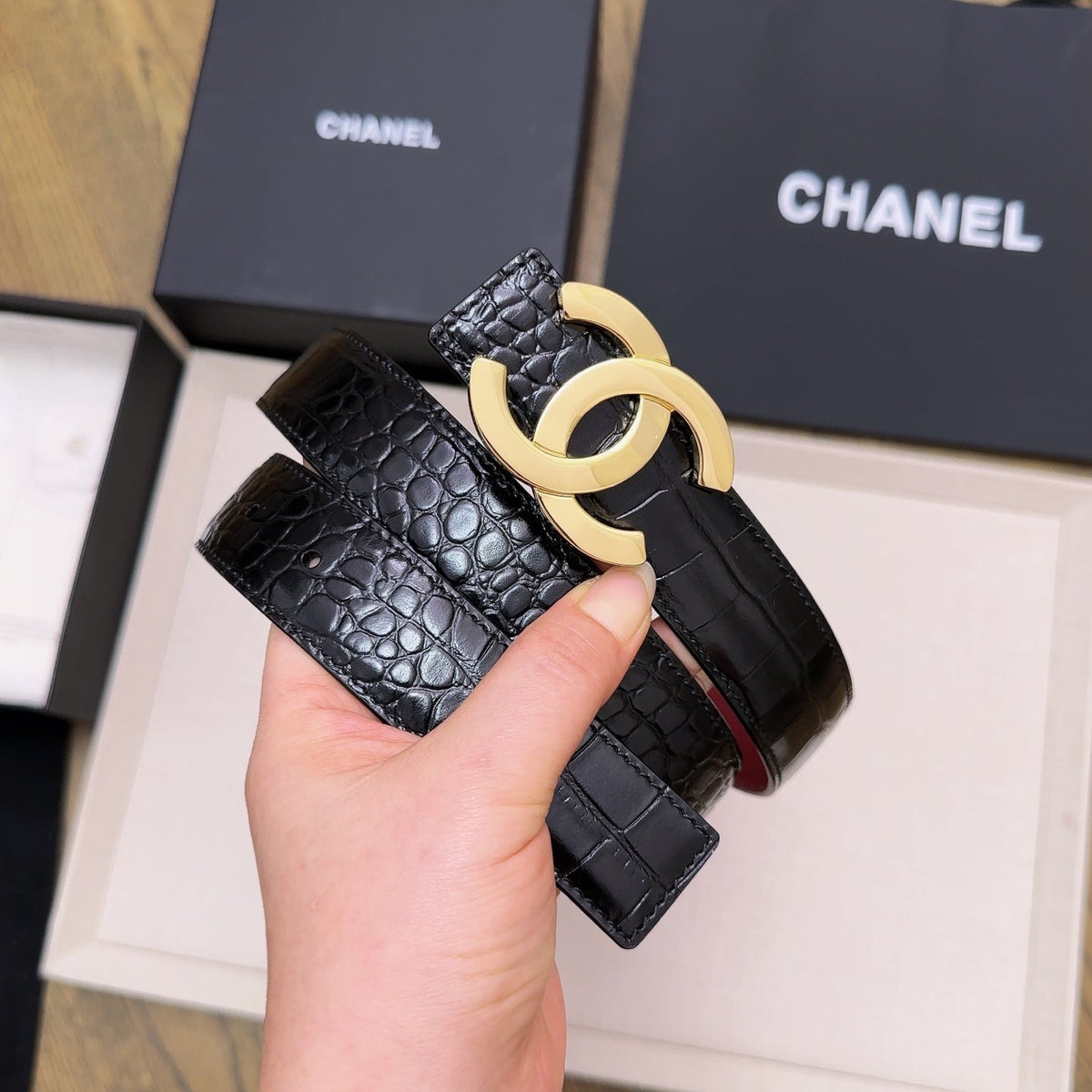 Chanel 2026 Crocodile Embossed Belt 30mm Leather 218762