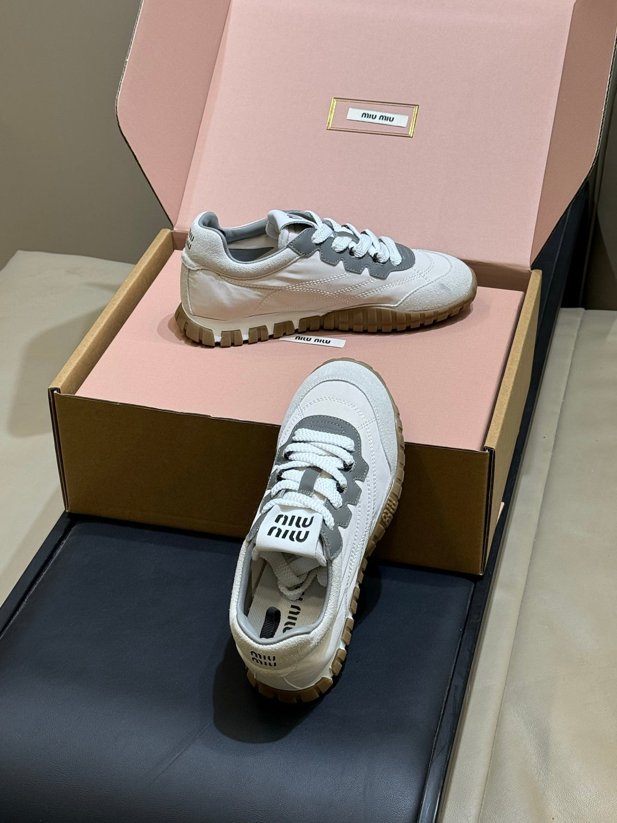 Miu Miu 2026 Tyre Sneaker White Grey Leather Suede 621351