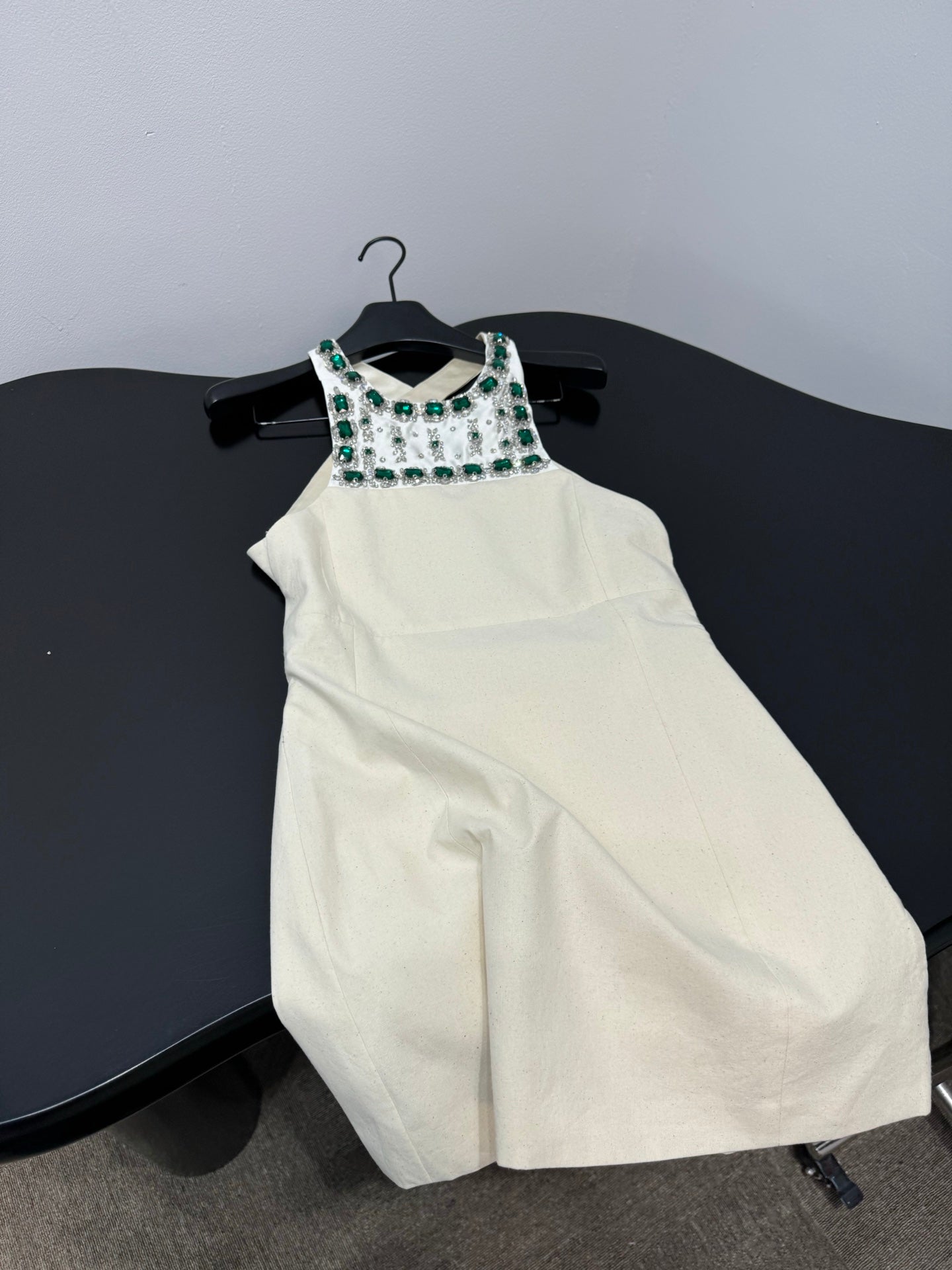 Miumiu 2026 Rhinestone Dress Cream Green Cotton