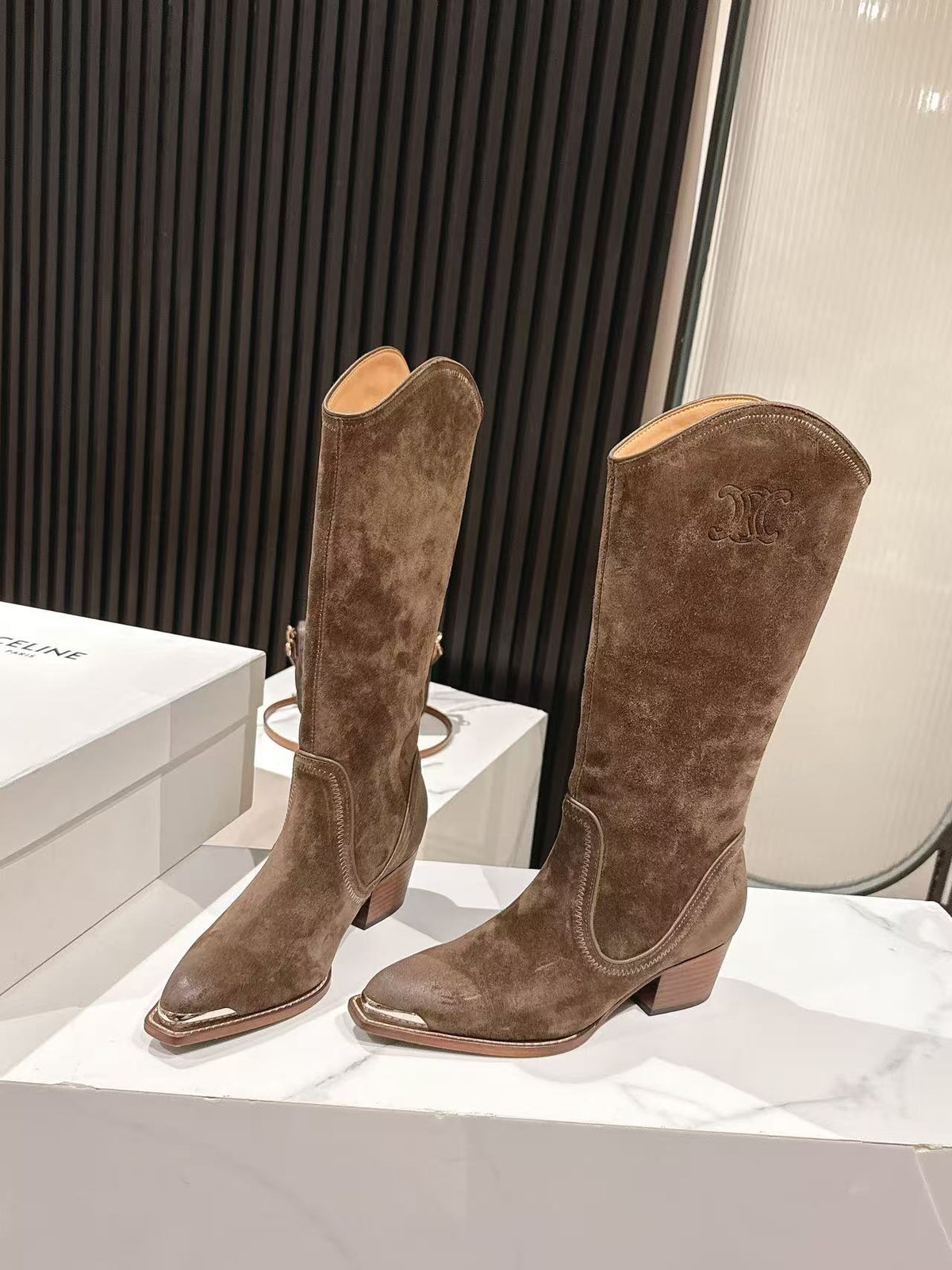 CELINE 25 Mid Calf Cowboy Boots Dark Brown Suede