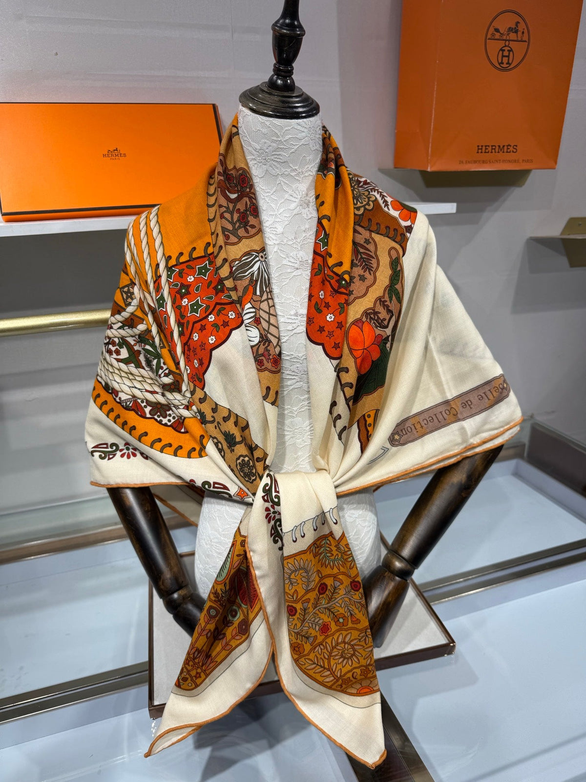 Hermes 2026 Selle de Collection Shawl Scarf 140cm Orange Cashmere Silk 216920