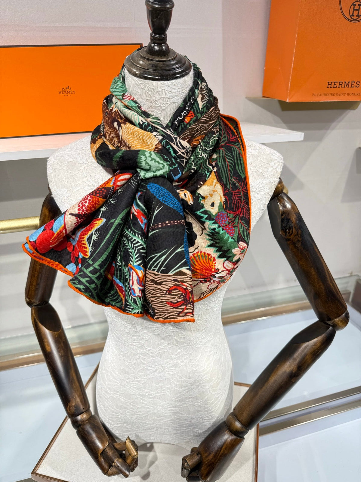 Hermes 2026 Rewilding Nature Scarf 140cm Black Cashmere Silk 217524