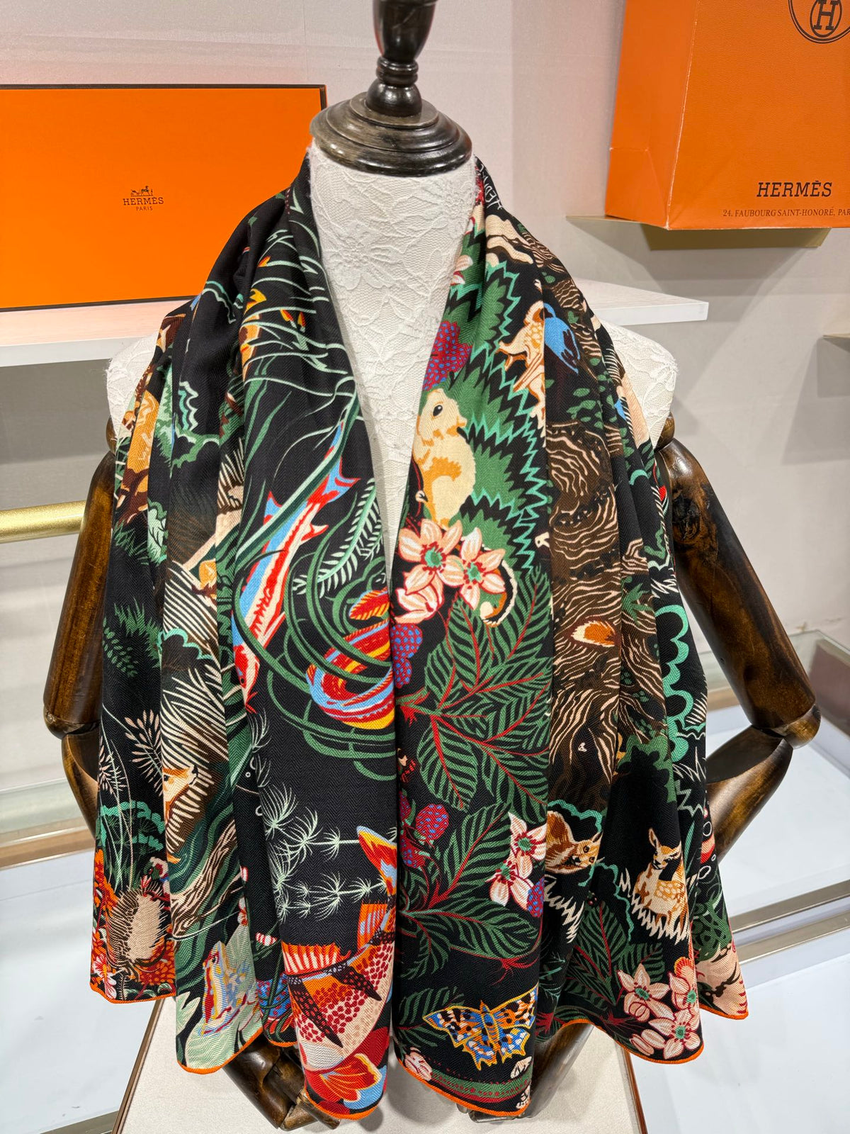 Hermes 2026 Rewilding Nature Scarf 140cm Black Cashmere Silk 217524