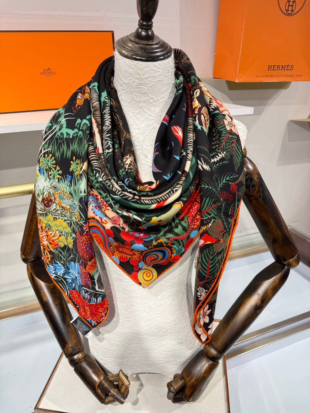 Hermes 2026 Rewilding Nature Scarf 140cm Black Cashmere Silk 217524