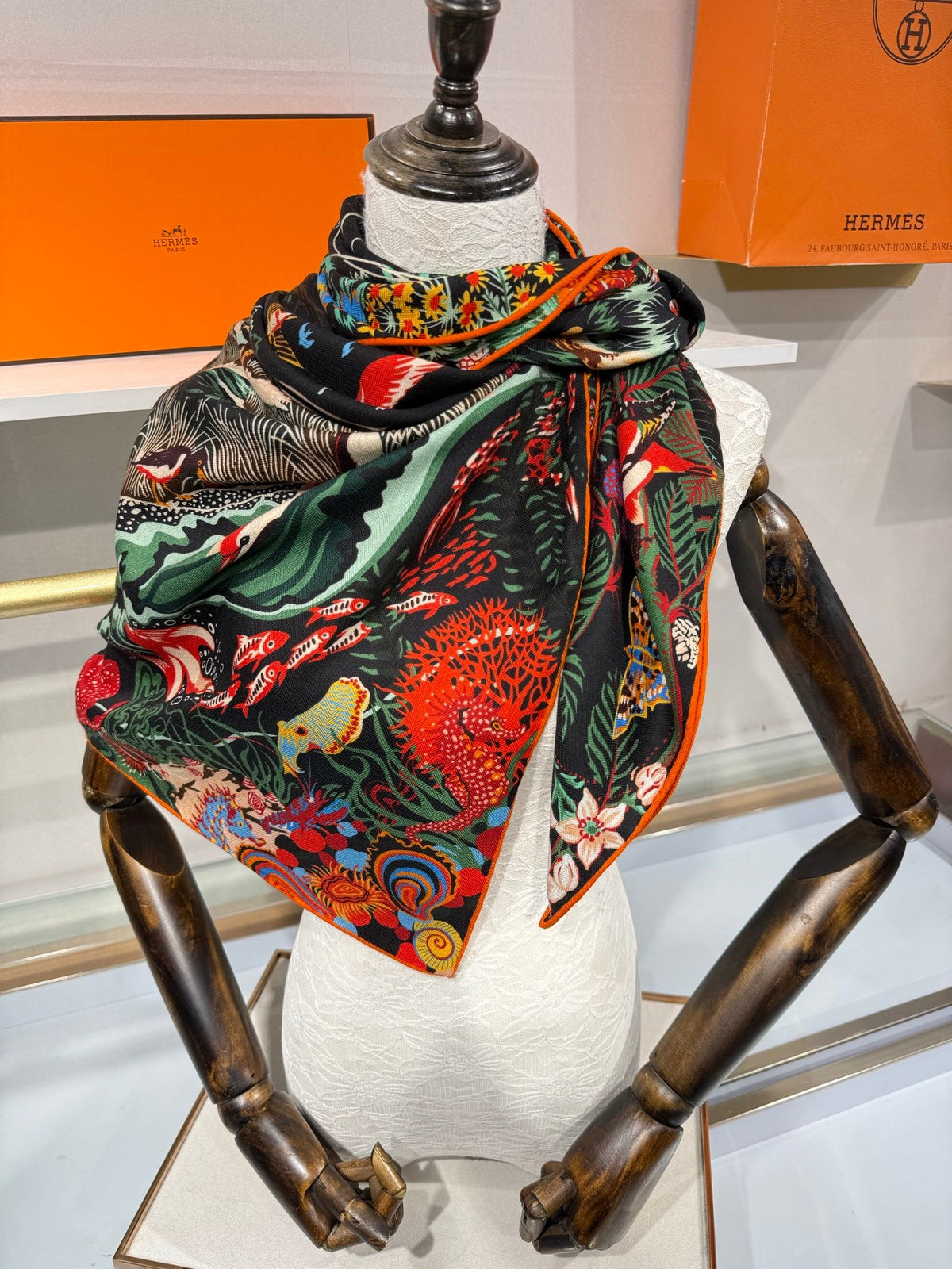 Hermes 2026 Rewilding Nature Scarf 140cm Black Cashmere Silk 217524