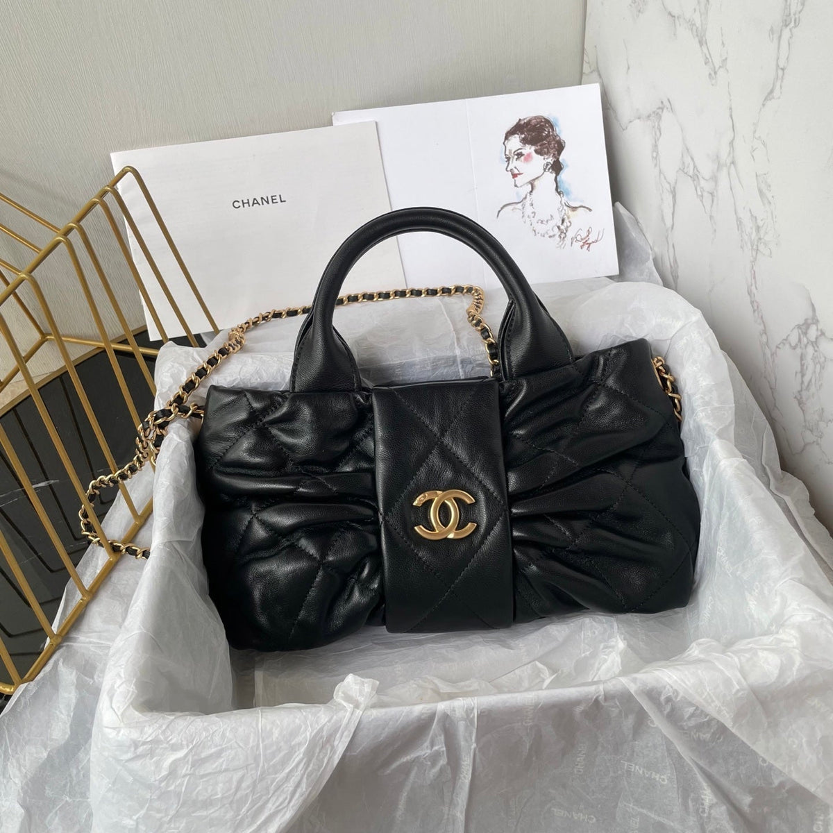 CC 25K Mini Bow Bag 26cm Black Calfskin