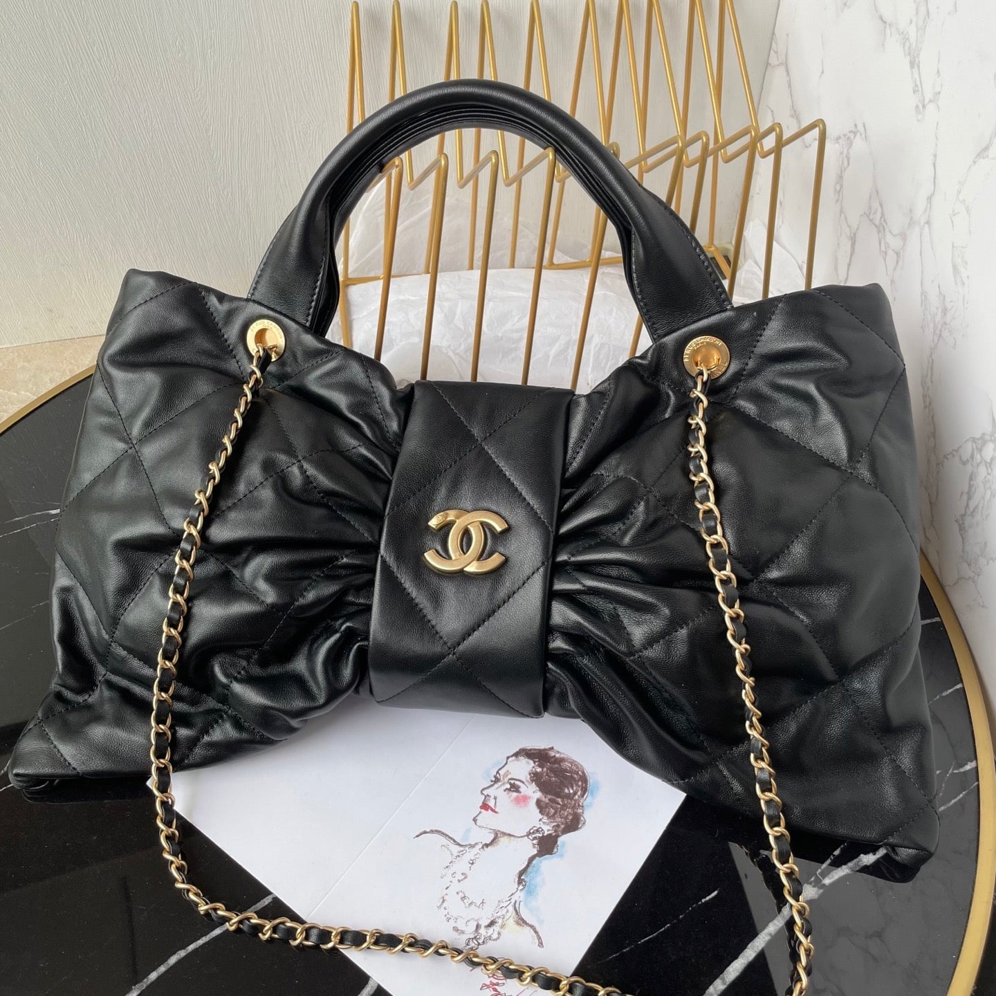 CC 25K Bow Bag 38cm Black Calfskin